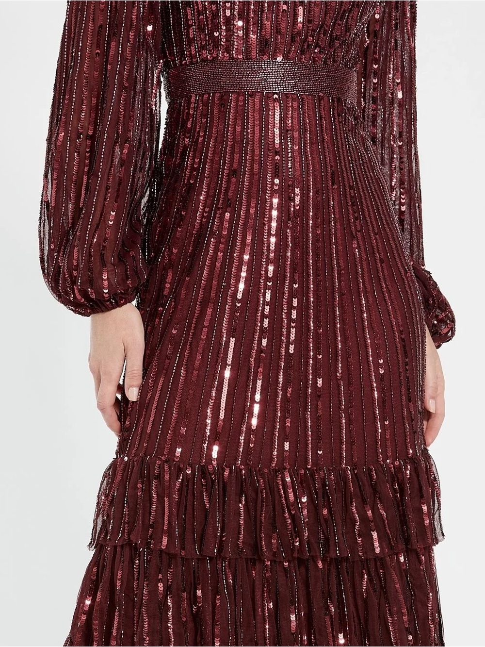 Mac Duggal Burgundy Sequin Tiered Midi Dress Sz 10 NWT - Picture 3 of 6
